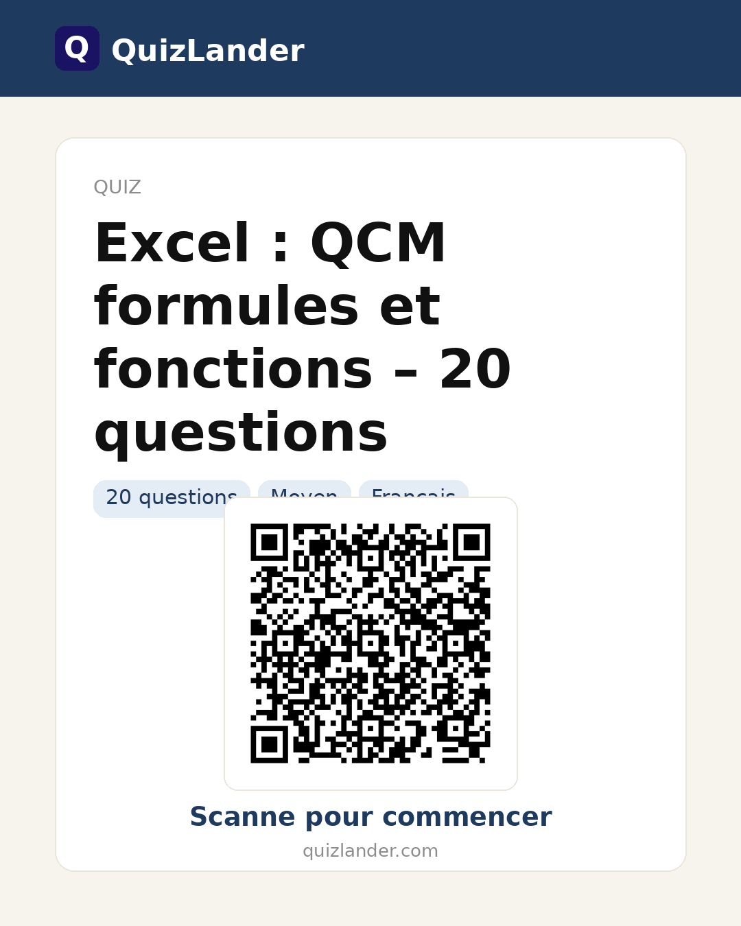 Carte de partage pour Excel : QCM formules et fonctions – 20 questions
