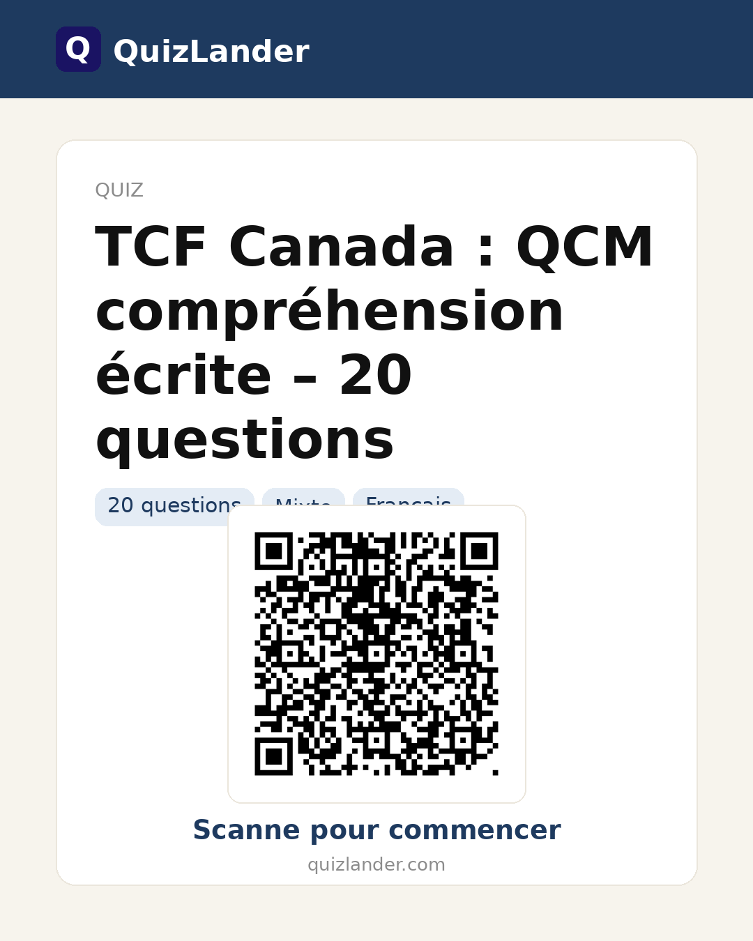 Carte de partage pour TCF Canada : QCM compréhension écrite – 20 questions