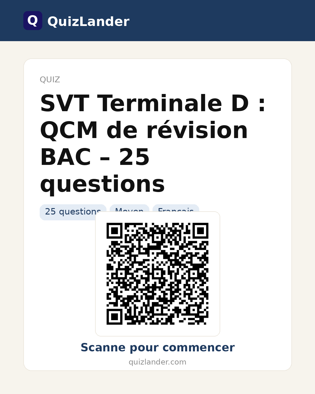 Carte de partage pour SVT Terminale D : QCM de révision BAC – 25 questions