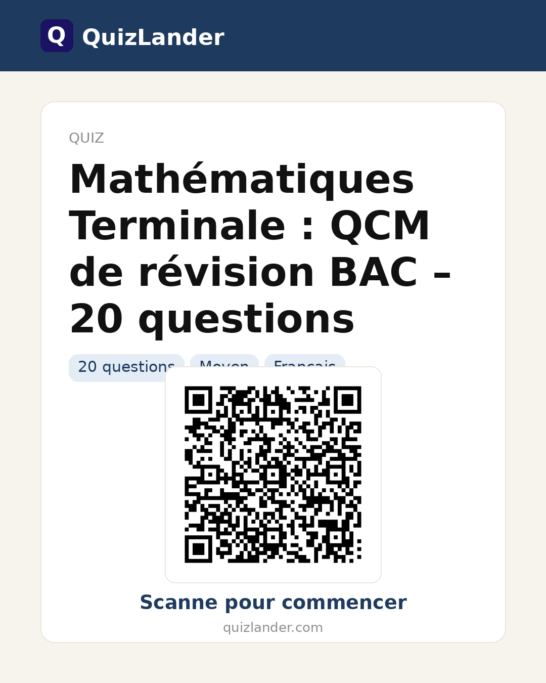 Carte de partage pour Mathématiques Terminale : QCM de révision BAC – 20 questions