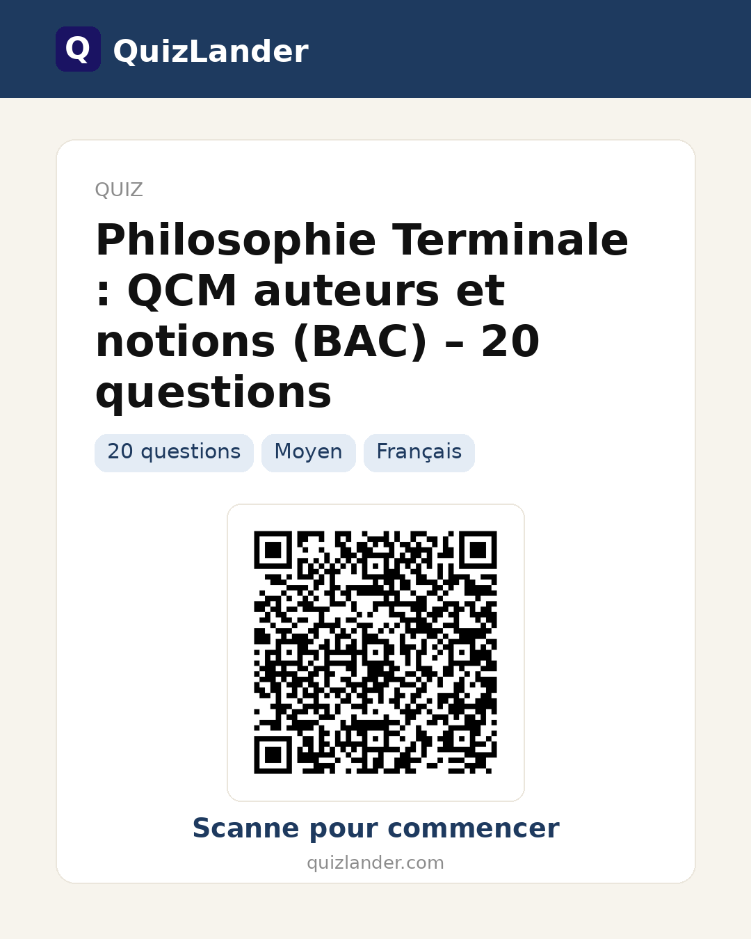 Carte de partage pour Philosophie Terminale : QCM auteurs et notions (BAC) – 20 questions
