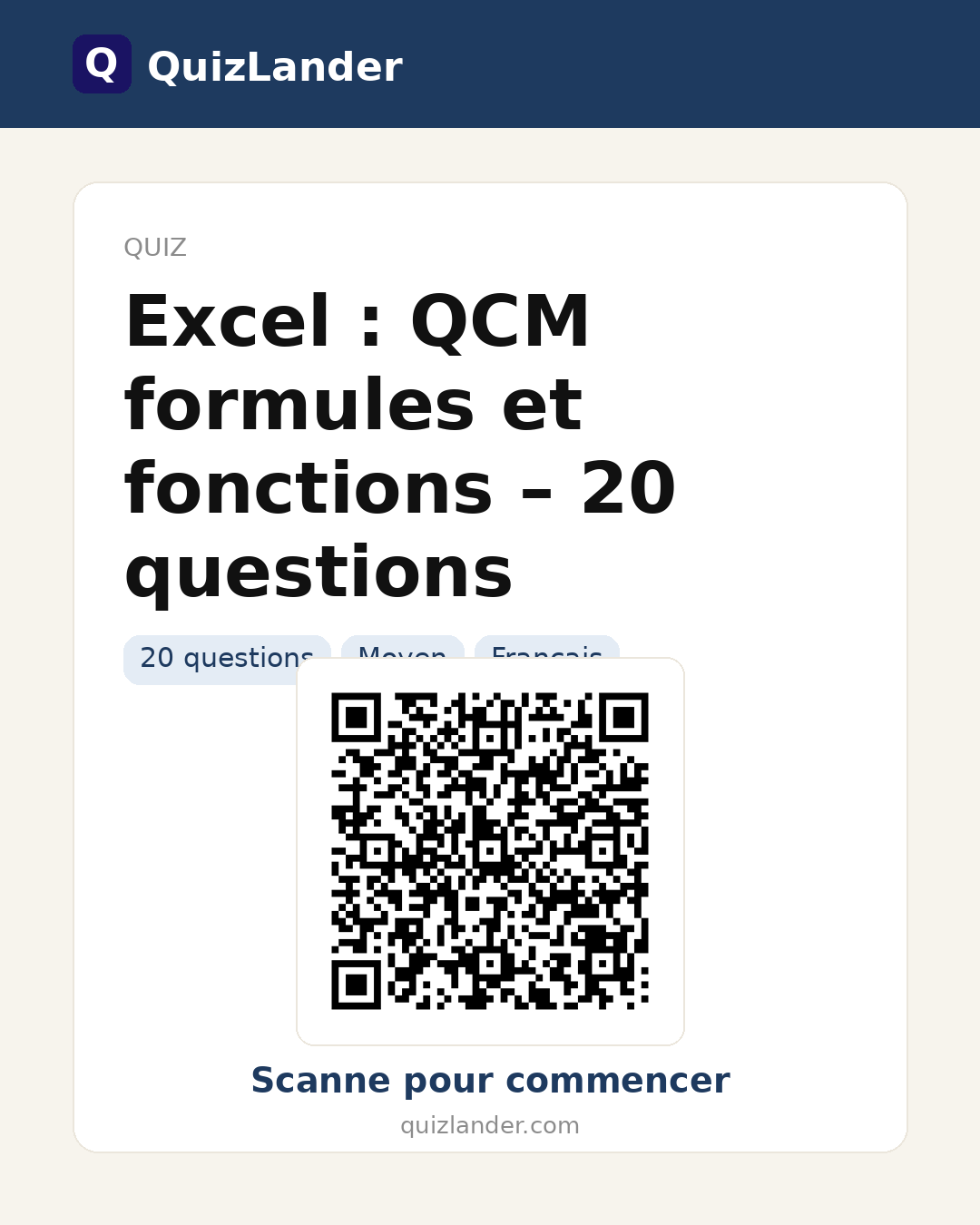 Carte de partage pour Excel : QCM formules et fonctions – 20 questions