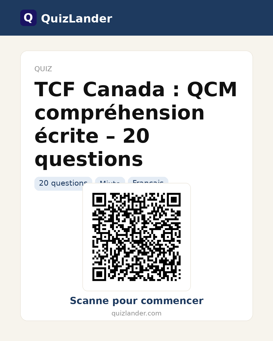 Carte de partage pour TCF Canada : QCM compréhension écrite – 20 questions