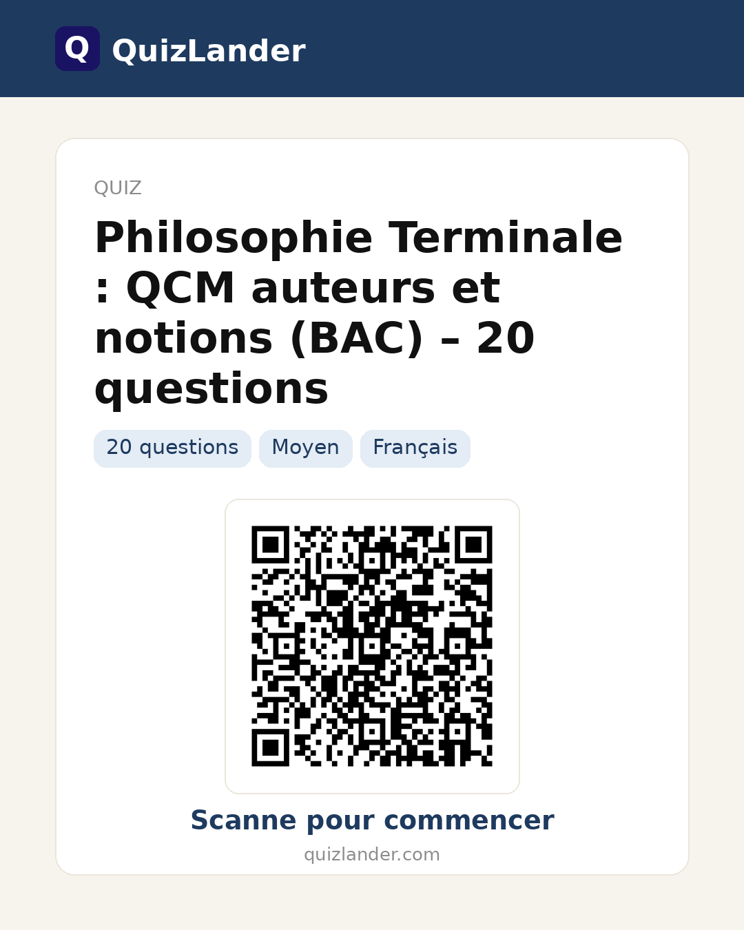 Carte de partage pour Philosophie Terminale : QCM auteurs et notions (BAC) – 20 questions