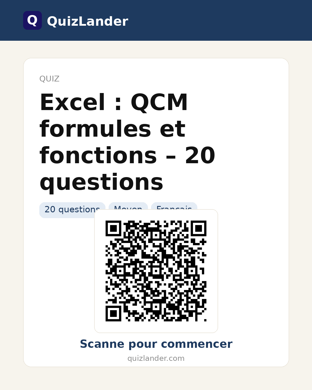 Carte de partage pour Excel : QCM formules et fonctions – 20 questions