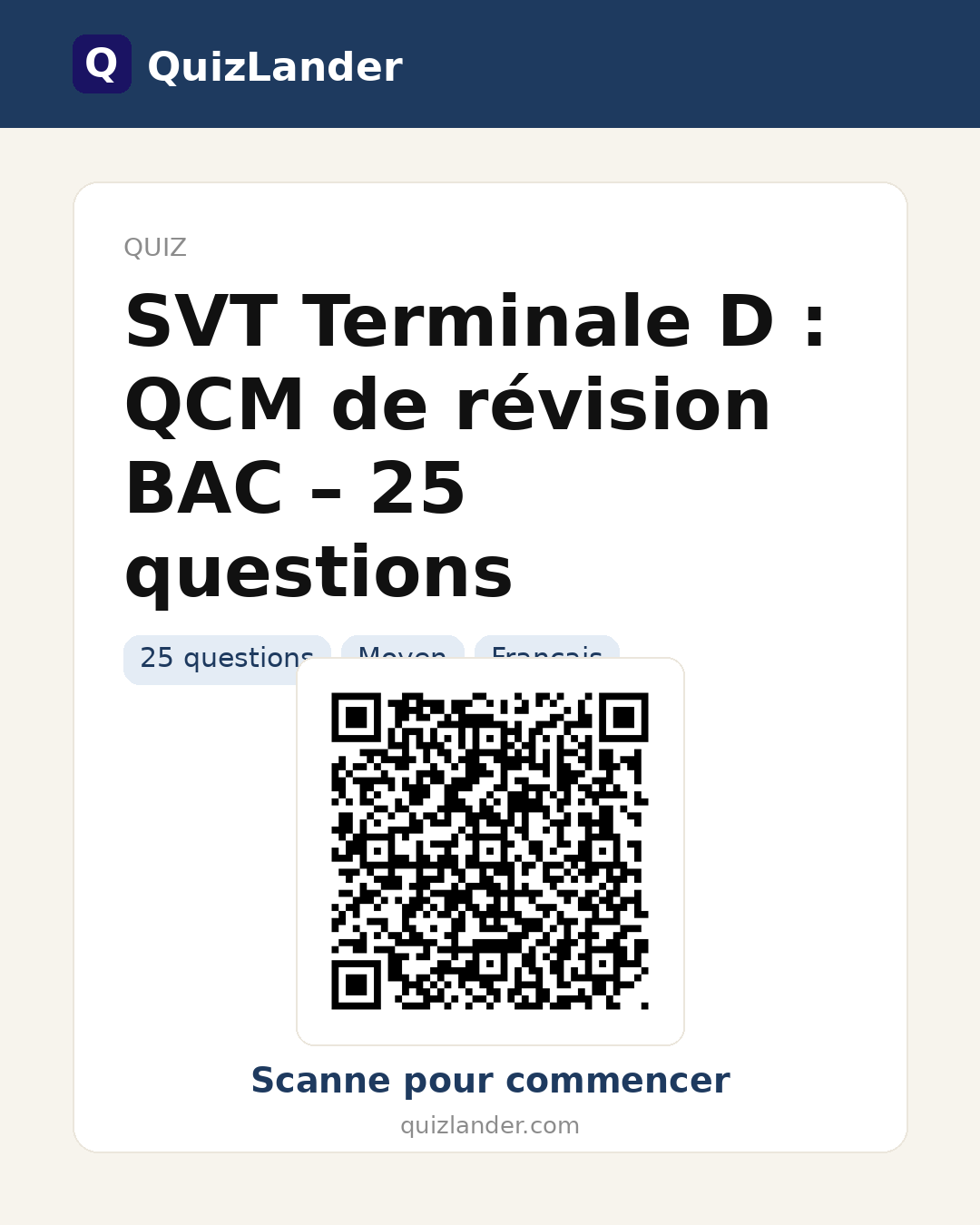 Carte de partage pour SVT Terminale D : QCM de révision BAC – 25 questions