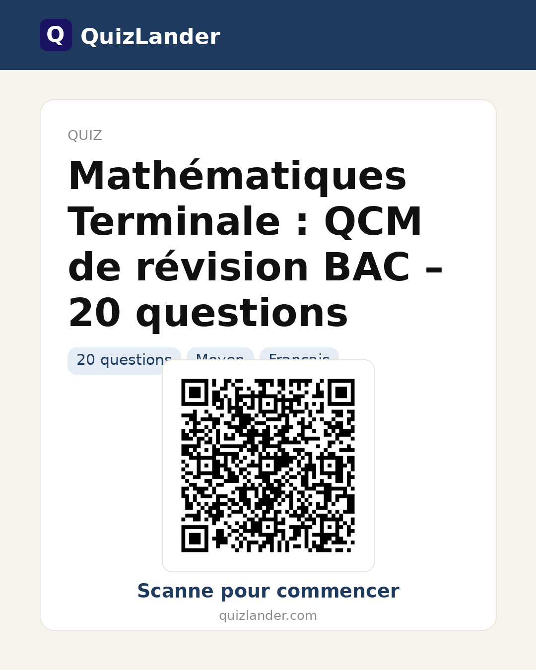 Carte de partage pour Mathématiques Terminale : QCM de révision BAC – 20 questions