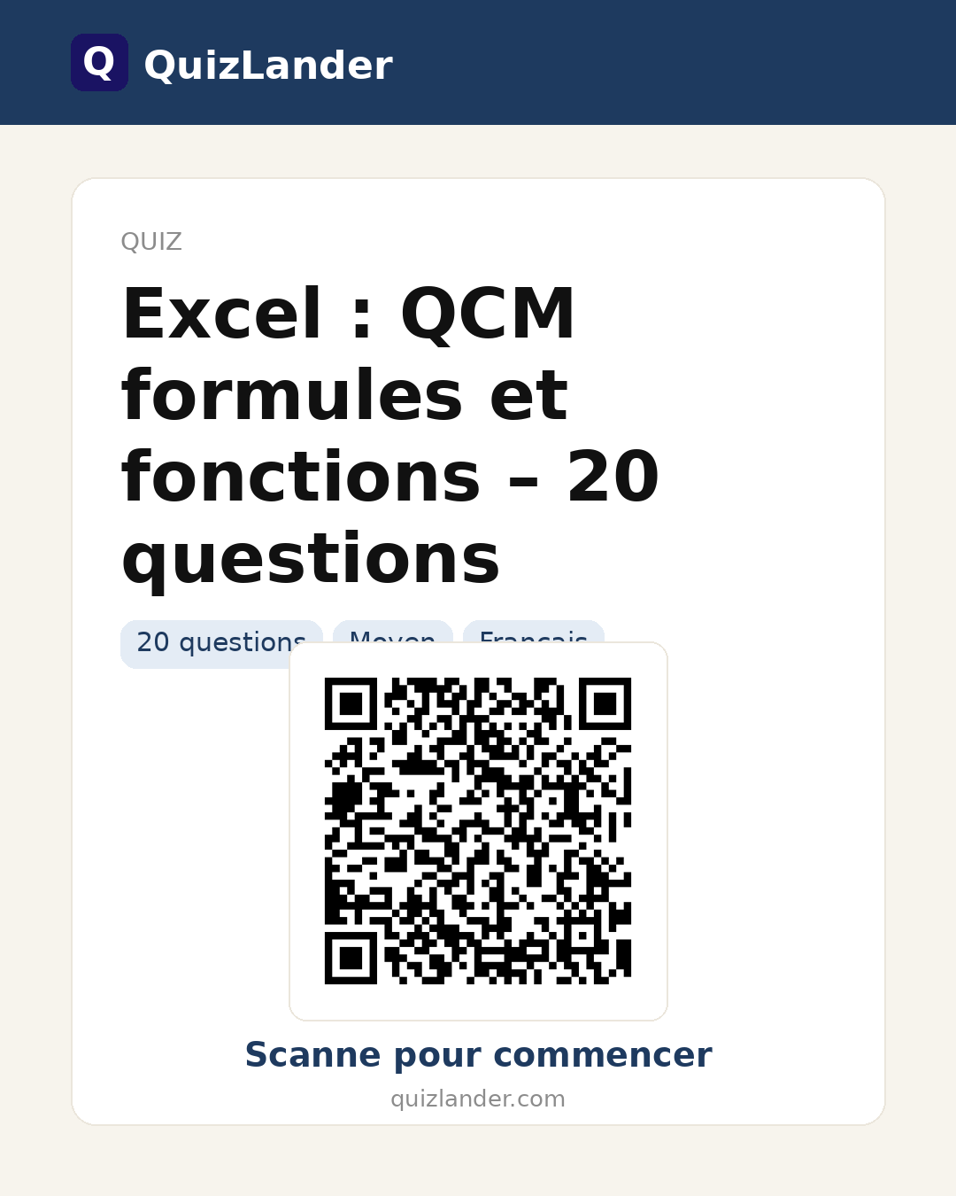 Carte de partage pour Excel : QCM formules et fonctions – 20 questions