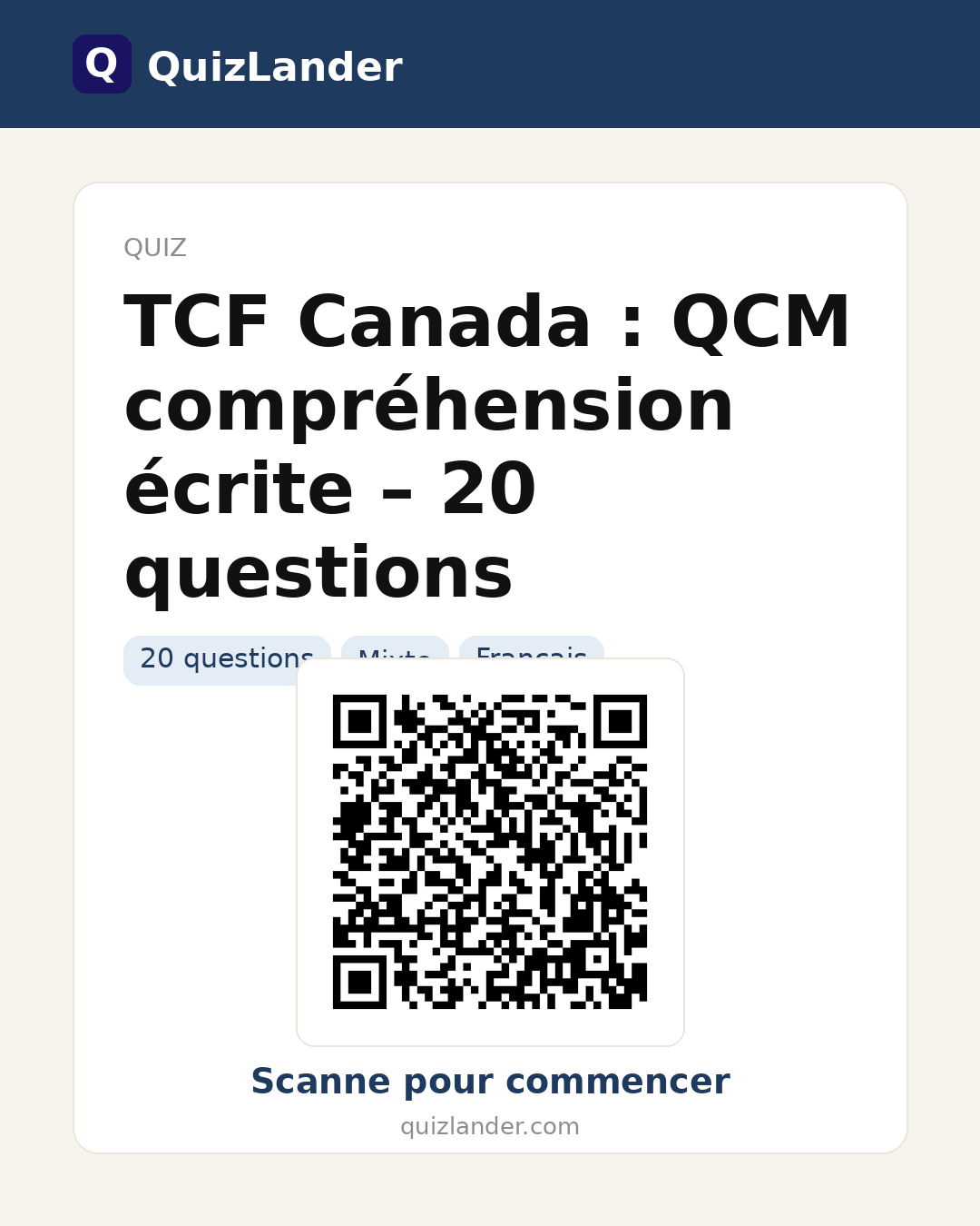 Carte de partage pour TCF Canada : QCM compréhension écrite – 20 questions