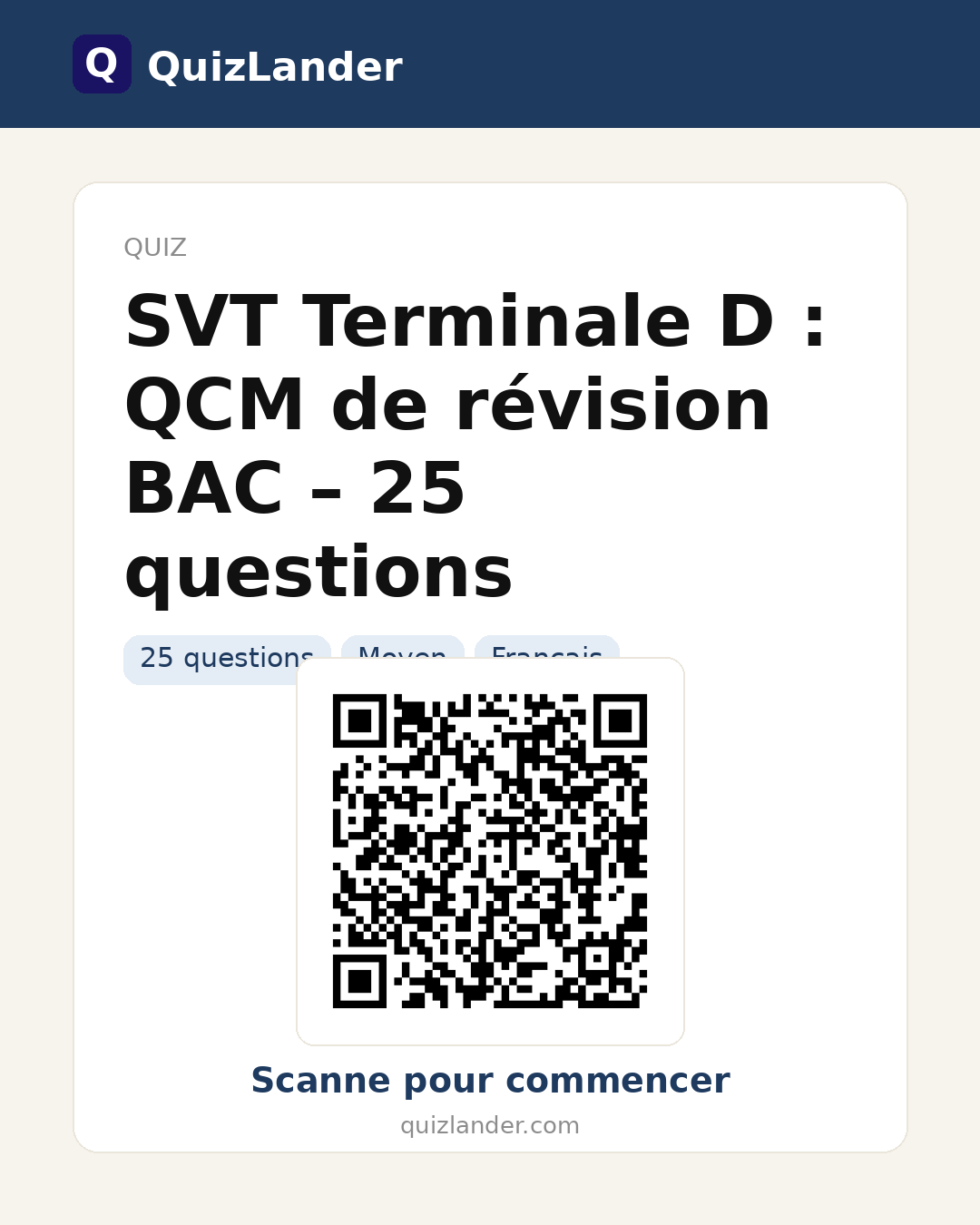 Carte de partage pour SVT Terminale D : QCM de révision BAC – 25 questions