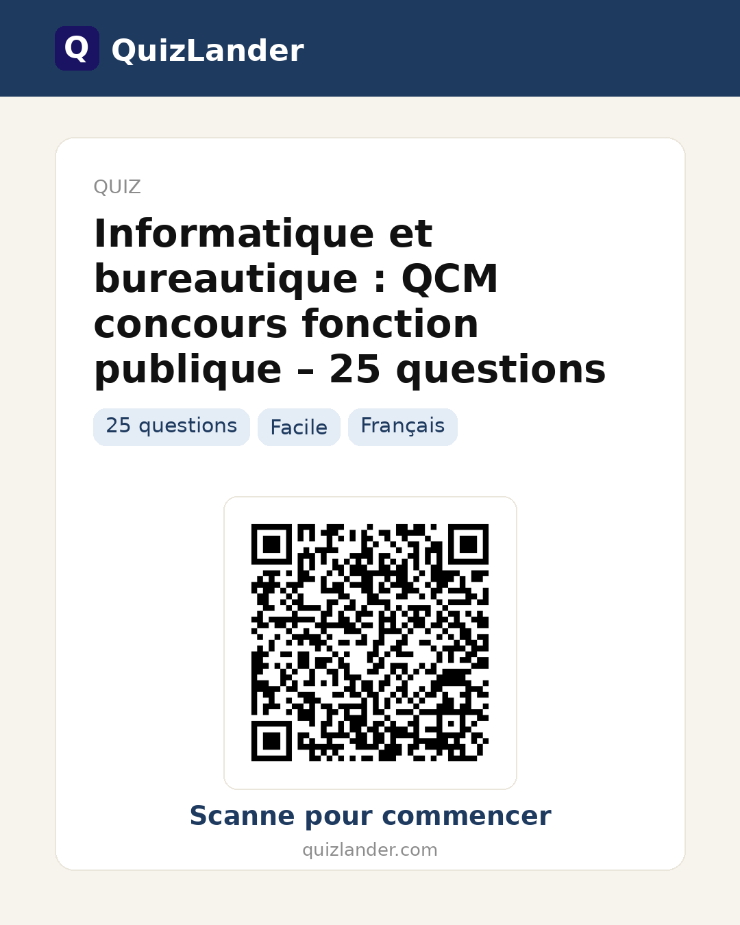 Carte de partage pour Informatique et bureautique : QCM concours fonction publique – 25 questions