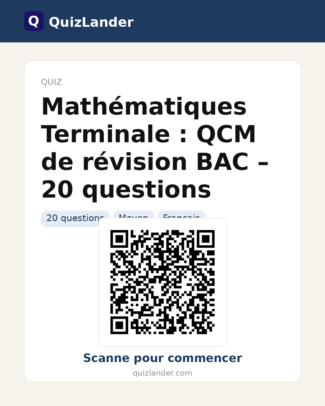Carte de partage pour Mathématiques Terminale : QCM de révision BAC – 20 questions