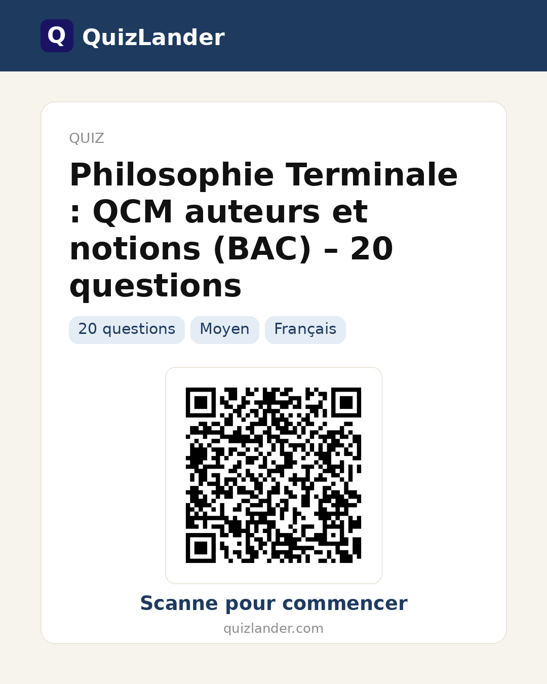 Carte de partage pour Philosophie Terminale : QCM auteurs et notions (BAC) – 20 questions