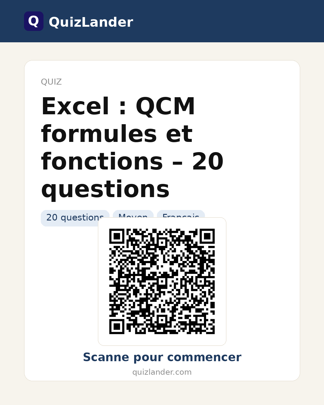 Carte de partage pour Excel : QCM formules et fonctions – 20 questions