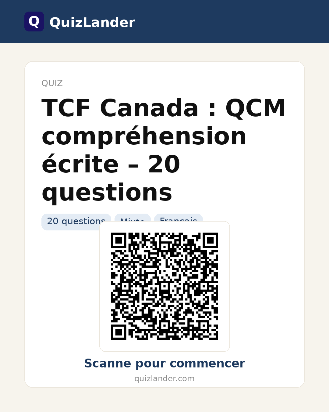 Carte de partage pour TCF Canada : QCM compréhension écrite – 20 questions