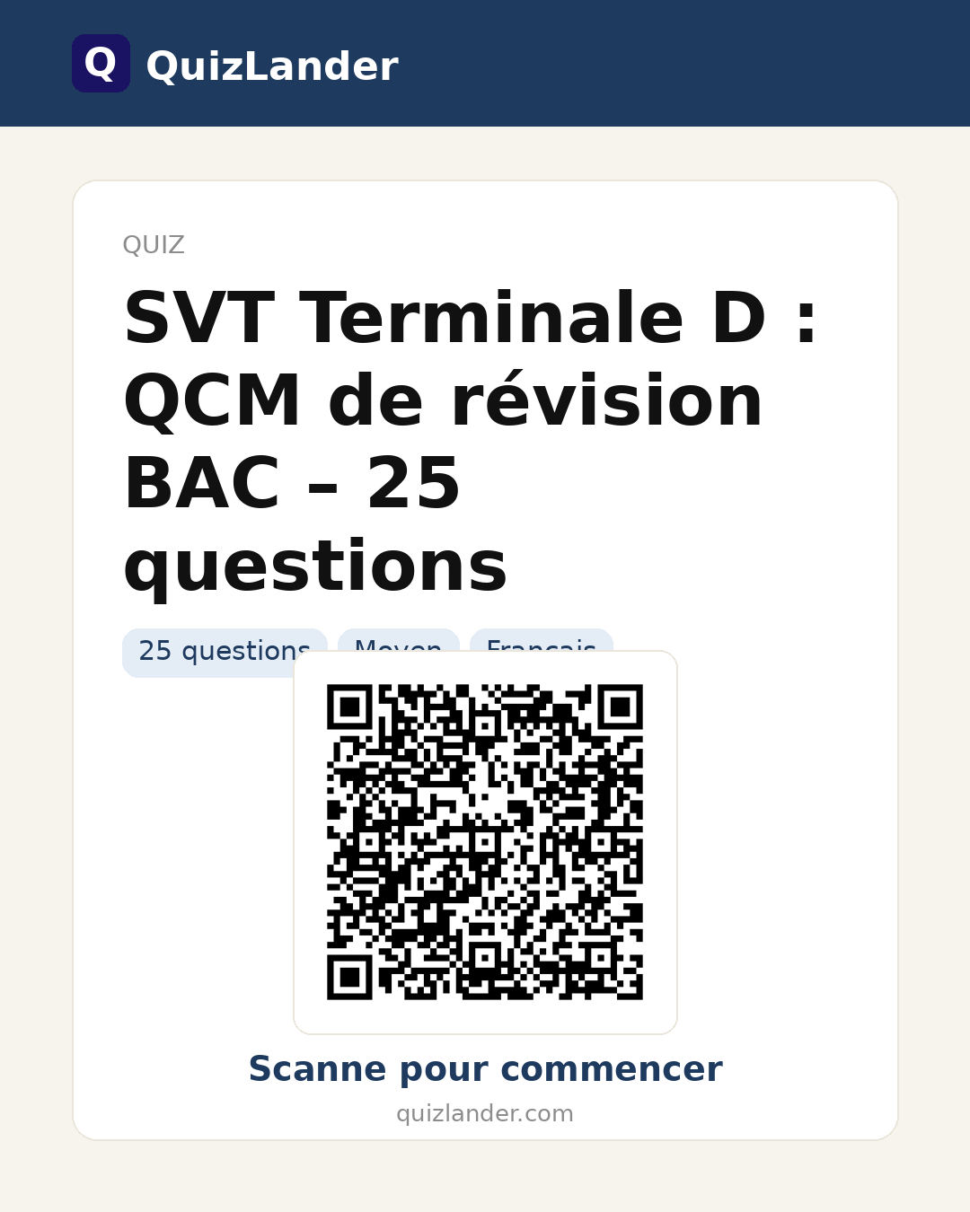 Carte de partage pour SVT Terminale D : QCM de révision BAC – 25 questions