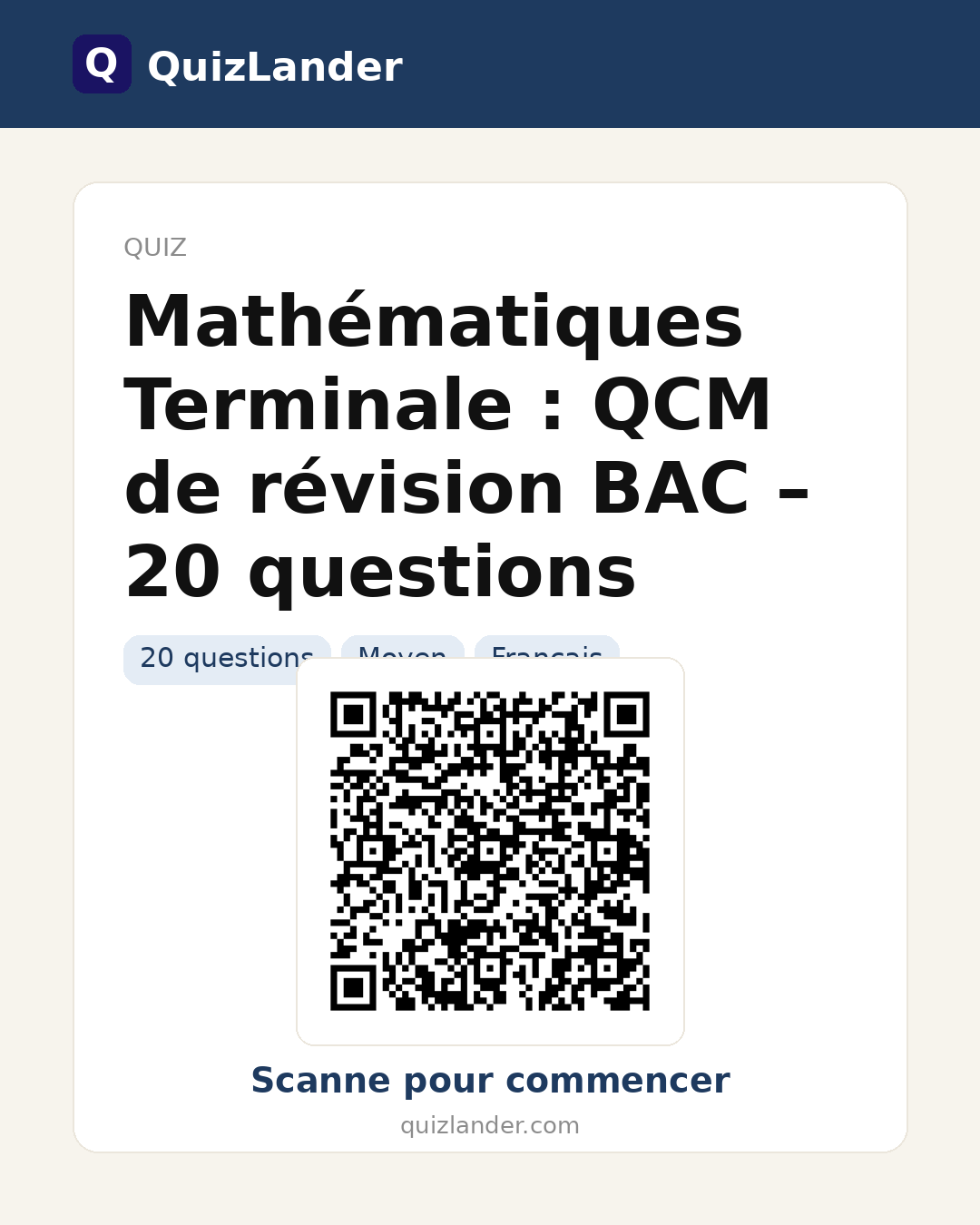 Carte de partage pour Mathématiques Terminale : QCM de révision BAC – 20 questions