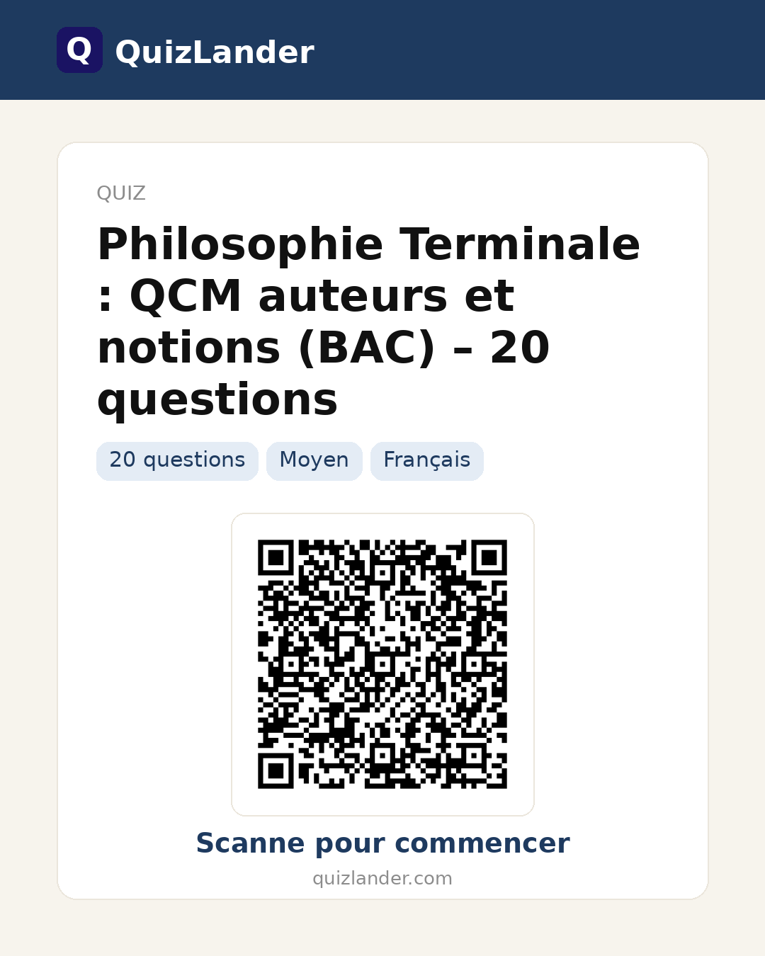 Carte de partage pour Philosophie Terminale : QCM auteurs et notions (BAC) – 20 questions